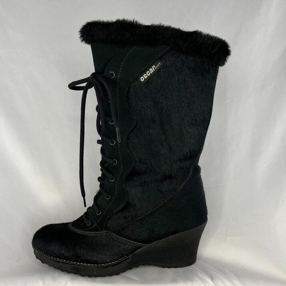 Oscar Sport Apres Ski Black Fur Tall Lace Up Winter Boots EU 37